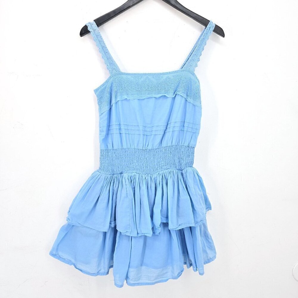 Women's Baby Blue Tiered Crochet Smocked Boho Soft Girl Whimsical Mini Dress Sma